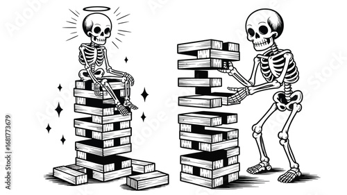 Skeleton Wood Stacking Retro Line Art Vector – Vintage Silhouette Clipart of a Skull Collecting and Stacking Wood, Great for Graphic Tees and Outdoor Themes.