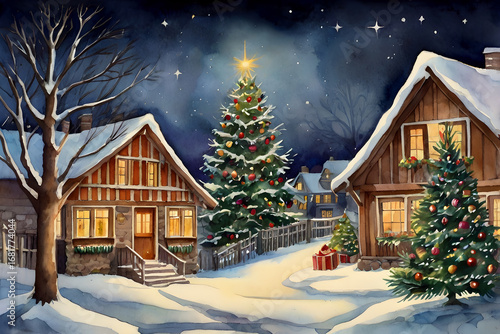 Watercolor painting Christmas and new year postcard with illuminated village, cozy houses, decorated christmas trees, festive, magic new year background, design template, greeting card, copy space.
