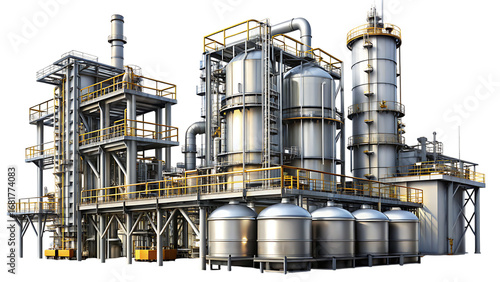 Industrial Chemical Plant with Tall Towers and Metal Structures factory refinery isolated on a transparent background