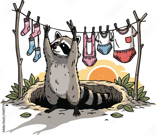 need funny Vector illustration of a raccoon hanging clothes to dry near its den in a simple outdoor scene. The scene captures a cute animal in its temporary home