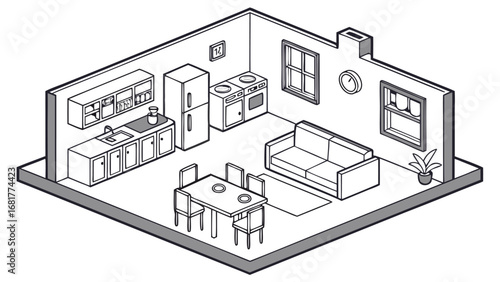Cozy Isometric Living Room and Kitchen Interior Design Illustration