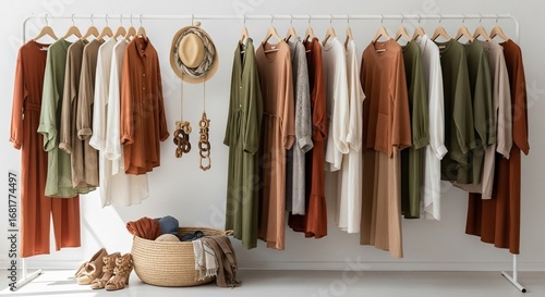 Stylish clothing collection on a rack with accessories and shoes in earthy tones.