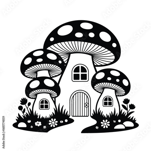Whimsical black and white mushroom house illustration for fantasy and fairy tales