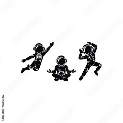 Three cartoon astronauts in space performing different actions in dynamic poses