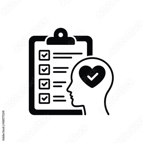 Mental health checklist and heart symbol in human head outline