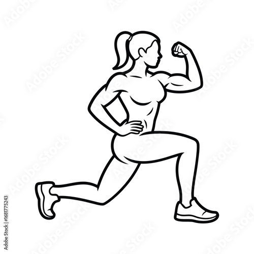 Woman performing a lunge exercise and flexing her bicep