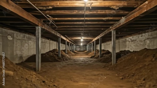 Wallpaper Mural Subterranean space concrete walls and wooden beams in dim interior Torontodigital.ca