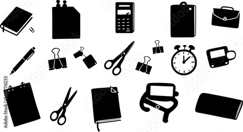Collection of office supplies icons silhouette isolated on white background
