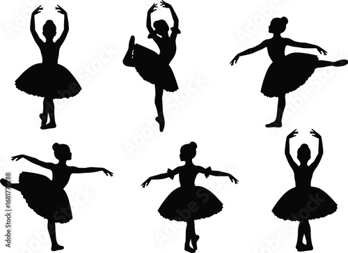 Black silhouette ballerina dance poses set, classical ballet positions, graceful tutu dancers, elegance, performance, balance, art, movement, stage, choreography