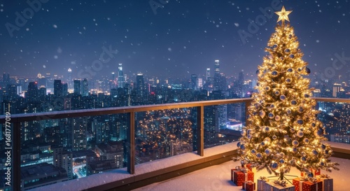 Festive Christmas Tree On A Rooftop Overlooking A City At Night