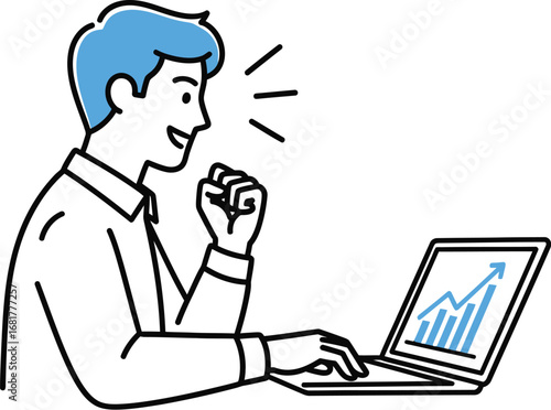 Excited man looking at laptop with growth chart business illustration