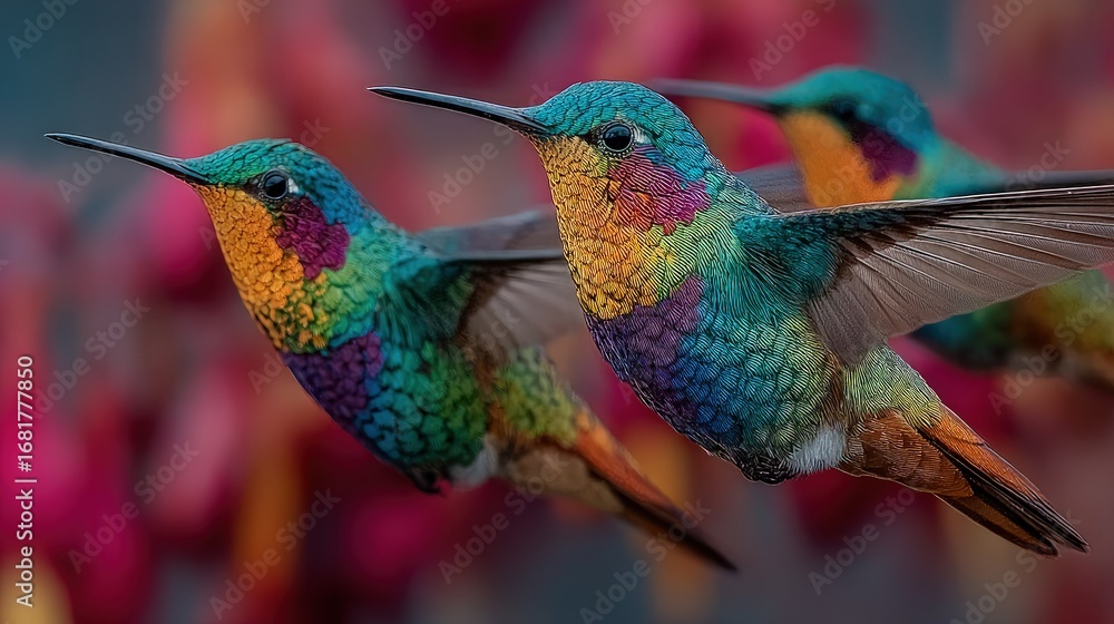 Obraz premium Three vibrant hummingbirds in flight, colorful plumage, blurred background of fuchsia flowers
