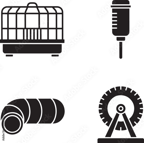 Pet habitat and accessories illustration showcasing a cage tunnel wheel and water bottle for small animals