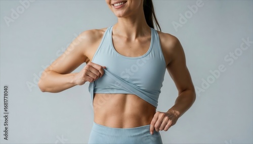 Fit woman in sportswear showing toned abs and muscular torso while smiling against neutral studio background.