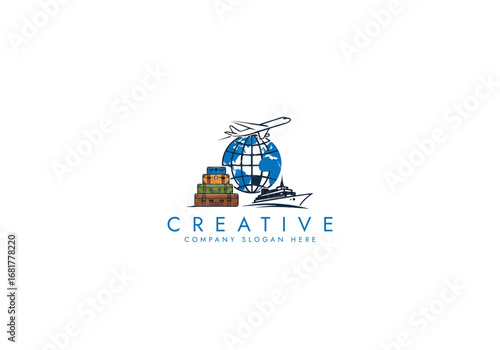 Travel Agency Logo with World Globe, Airplane,Ship,Suitcase,Global Transportation Logo vector design