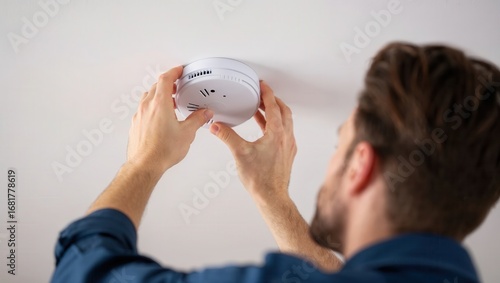 Man installing smoke detector on ceiling for home safety and fire prevention.