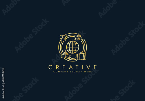 Travel Agency Logo with World Globe, Airplane,Ship,Suitcase,Global Transportation Logo vector design