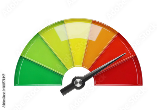 Colorful meter gauge with needle pointing to red zone indicating high level or critical status on white or transparent background.