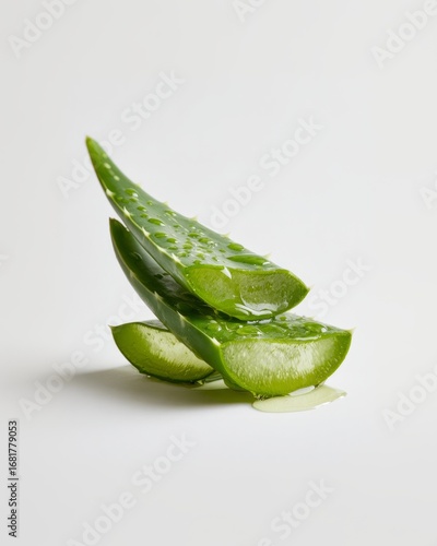 Aloe V equals two leaves of Aloe's fresh aerial plant, the leaves have clear white gelatinous matte juice dripping down from them,