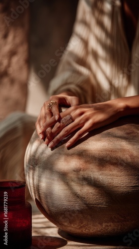 A close-up shot of hands, likely a woman's, showcasing gold rings with unique, textured designs. The rings feature intricate shapes, including hearts and abstract forms, with a rough, natural texture.