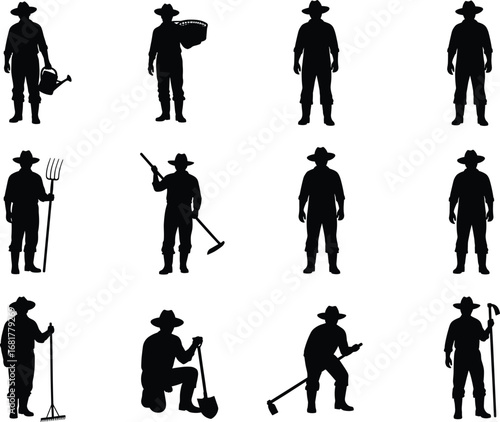 Farmer silhouette vector set, agriculture worker poses, farming tools collection, rural lifestyle illustration, black icon pack, field labor concept, editable design