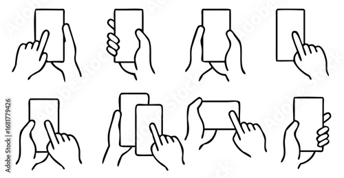 Hands holding Smartphone icon set. containing Finger touching Smartphone, a hand operating a smartphone, vector illustration