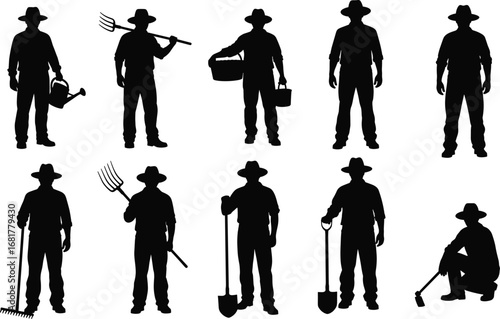 Farmers in silhouette with traditional tools, rural agriculture workers in various poses, farming equipment, pitchfork, shovel, rake, watering can, bucket