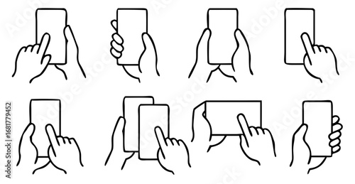 Hands holding Smartphone icon set. containing Finger touching Smartphone, a hand operating a smartphone, vector illustration
