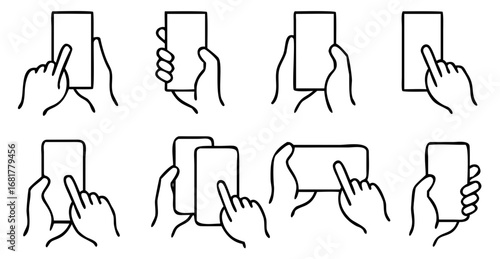 Hands holding Smartphone icon set. containing Finger touching Smartphone, a hand operating a smartphone, vector illustration