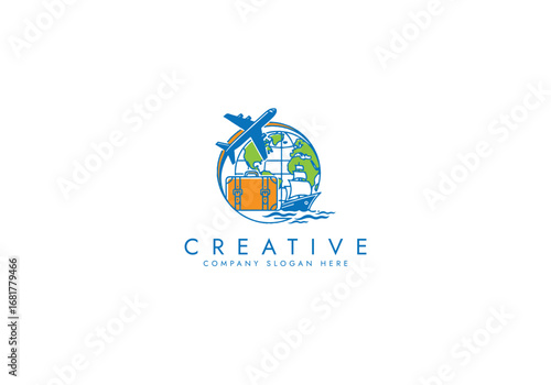 Travel Agency Logo with World Globe, Airplane,Ship,Suitcase,Global Transportation Logo vector design