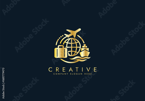 Travel Agency Logo with World Globe, Airplane,Ship,Suitcase,Global Transportation Logo vector design
