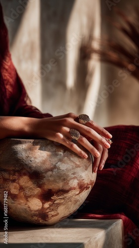 A close-up shot of hands, likely a woman's, showcasing gold rings with unique, textured designs. The rings feature intricate shapes, including hearts and abstract forms, with a rough, natural texture.