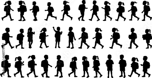 Back to school, boys and girls, kids going to school silhouette design
