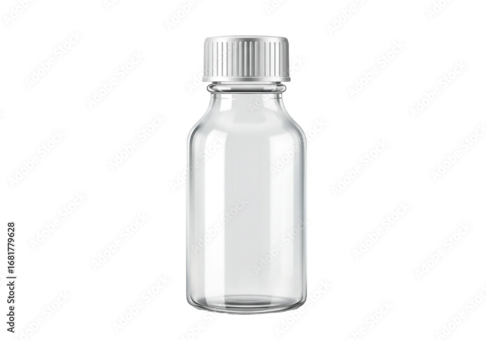 Modern clear glass vial with white screw cap isolated on white background for product branding Modern clear glass vial with white screw cap isolated on white background for product branding