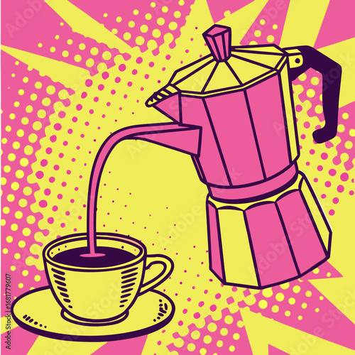 Playful pop art depiction of a coffee maker