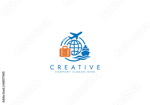 Travel Agency Logo with World Globe, Airplane,Ship,Suitcase,Global Transportation Logo vector design