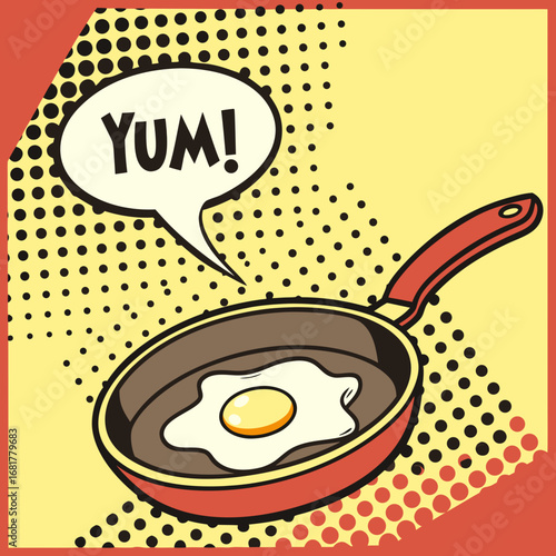 Pop art style illustration of a frying pan with a sizzling egg