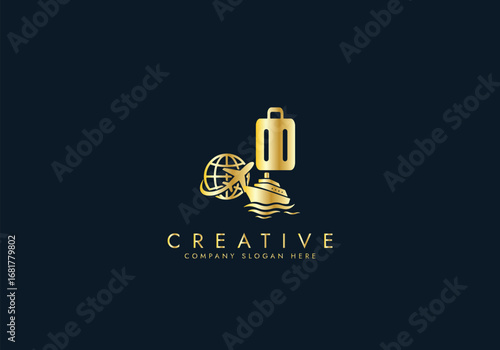 Travel Agency Logo with World Globe, Airplane,Ship,Suitcase,Global Transportation Logo vector design