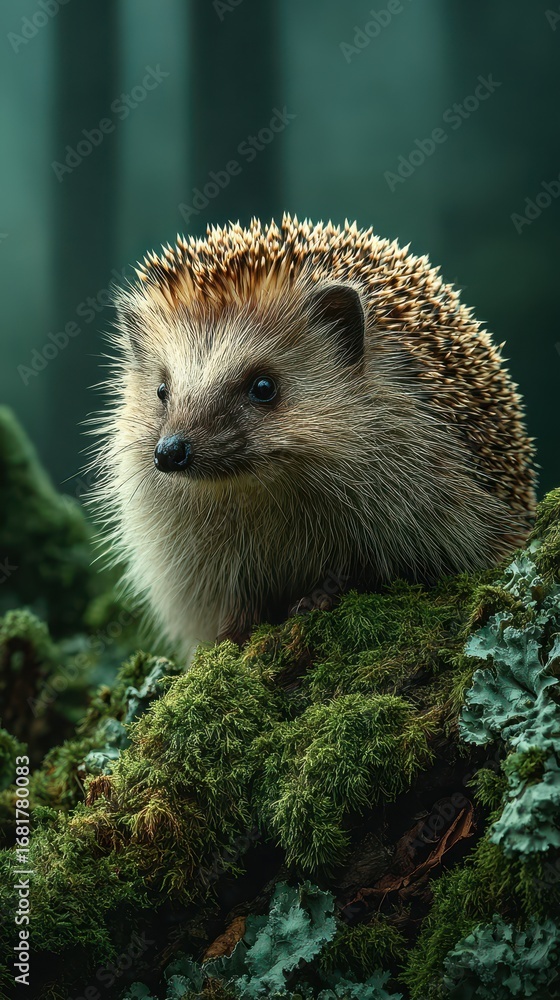 Fototapeta premium Hedgehog exploring lush green moss in a tranquil forest setting on a misty day