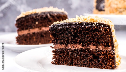 Two slices of moist chocolate layer cake, topped with chocolate frosting and chopped nuts, rest on white plates