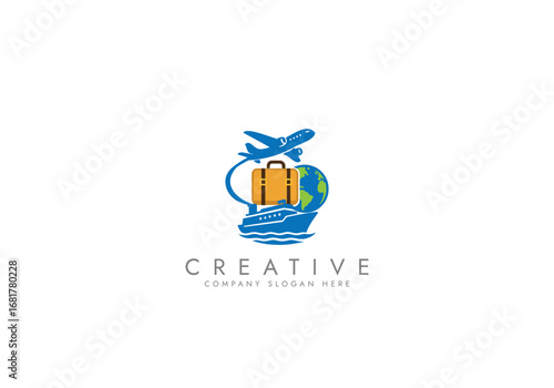Travel Agency Logo with World Globe, Airplane,Ship,Suitcase,Global Transportation Logo vector design