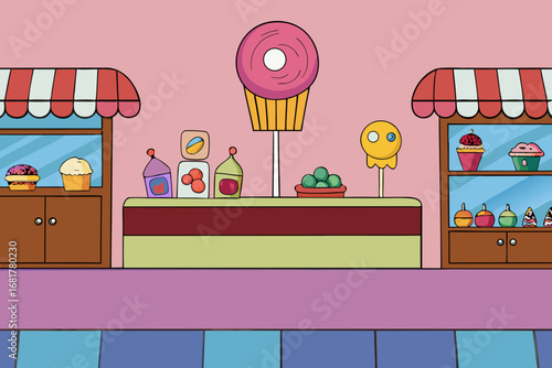 cartoon candy shop background with sweets