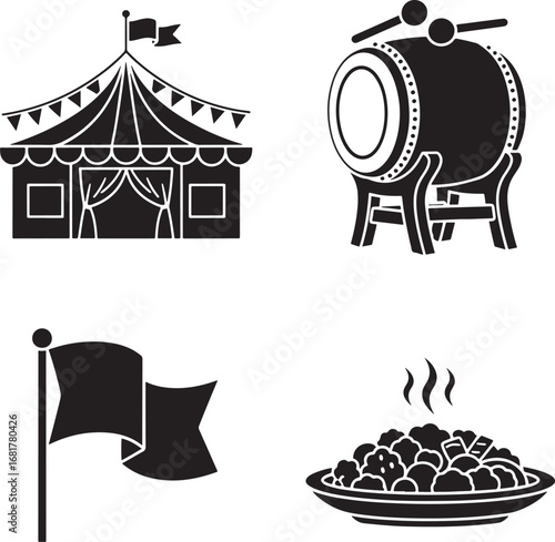 Set of black silhouette icons including a circus tent drum flag and food illustration