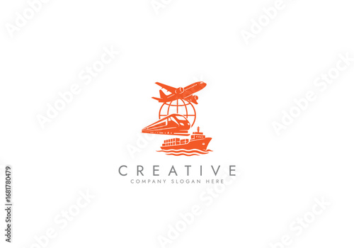 Travel Agency Logo with World Globe, Airplane,Ship,Suitcase,Global Transportation Logo vector design