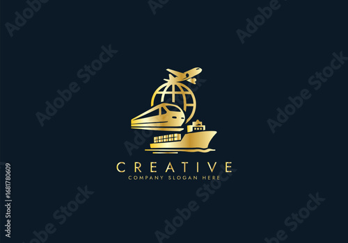 Travel Agency Logo with World Globe, Airplane,Ship,Suitcase,Global Transportation Logo vector design