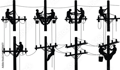 Utility workers silhouette, power line maintenance, electrical repair crew, bucket lift operation, safety gear, teamwork, lineman illustration, infrastructure service, black and white vector
