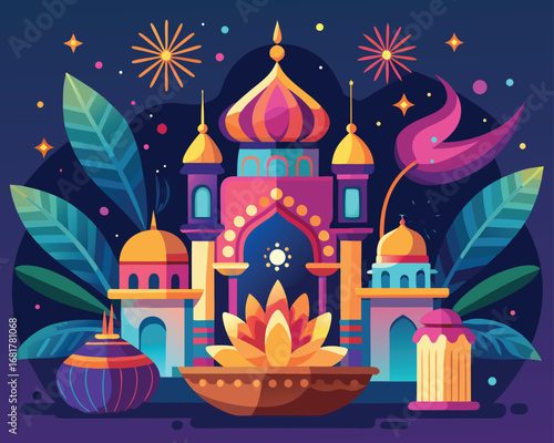 Vibrant Indian Palace Illustration with Festive Elements and Colorful Design