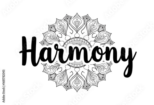 Hand-drawn mandala with the word 'Harmony' in elegant script  