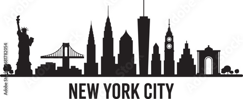 New York City Skyline Silhouette Vector Illustration with Famous Landmarks and Buildings