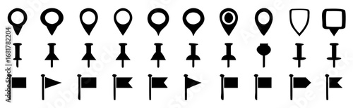 Set of map pin icon, push pin, GPS location symbol, flag icon, vector illustration